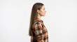 © Js Stock - Young woman with long brown hair wearing a casual plaid shirt looking away