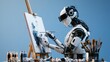 © 69 - Futuristic humanoid robot with advanced technology creating abstract painting on canvas with brush in studio with blue background