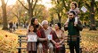© Andsx - Happy Multi Generation Family Sitting On Park Bench Holding Drawings During Autumn Sunset In Gold Light