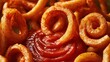 © 69 - Crisp golden brown curly fried potato spiral with rich red tomato dipping sauce close-up for snack or appetizer