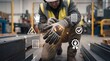© diolak - Industrial worker putting on protective gloves in a metal manufacturing workshop with safety icons with surrounded metal materials digital safety symbols factory wears durable