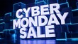 © rahmotullah - Bold cyber monday sale text rendered in a 3D style on a dark blue background with glowing lines 3D rendering blue lighting e commerce business growth 3D rendering shopping promotional commerce