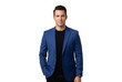 © Five Million Stock - Handsome businessman portrait, smiling professional executive wearing royal blue blazer suit jacket over black tee. Modern startup corporate entrepreneur on transparent background.