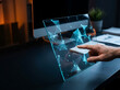 © Arif - Close up of a hand touching a transparent high-tech holographic screen with glowing digital network nodes in a modern office