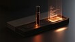 © Anat art - A modern longevity testing kit is shown, featuring a dark design, glowing blood vial, and a hologram with biomarker results in a dark setting.