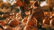 © Helios4Eos - Young child walking among ripe orange pumpkins in a rustic pumpkin patch during warm golden-hour sunlight. Autumn family traditions, childhood exploration, pumpkin picking, harvest season concept.