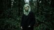 © Coosh448 - Pale green-haired person standing against a dark forest-green background, moody fashion portrait photography, green-tinted skin, black coat, lowered gaze, soft grain and eerie cinematic color grading.