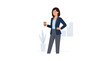 © Ohim - A confident businesswoman in formal attire holds a coffee cup while standing in a modern office vector illustration.