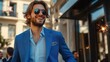 © theo - Stylish man in blue blazer laughing at outdoor celebration with sparkler