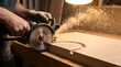 © ABD - Circular saw cutting curved groove in wood with sawdust spray and warm lighting in professional workshop scene