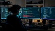 © Doni - Woman programmer coding on multiple monitors at night in home office, focused on software development and cybersecurity