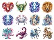 © Anelya - Elegant collection of artistic watercolor zodiac signs featuring cosmic nebula textures and celestial constellations. Mystical astrology symbols set with ethereal illustrations on white background.