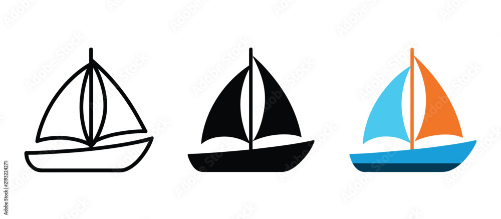Sailboat icon set, outline black and colorful flat vector graphics ...