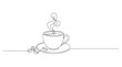 © Stockline - Continuous line vector illustration of a cup of hot coffee with saucer and coffee beans line art hot drink