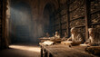 © Luis Arts - Elderly scholars writing on parchment in a dimly lit ancient stone library