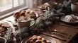 © SuzeO - festive table setting, a festive winter table adorned with neutral pastries, pine sprigs, and brass cutlery