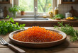 © Pixel-Shot - Gourmet red caviar on wooden plate, luxury seafood and culinary delicacy for fine dining, fresh salmon roe appetizer in rustic home kitchen setting