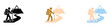 © MOHAMMADSHARIFUL - Hiking and trekking icon set showing a backpacker walking on a trail toward high mountains