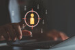 © MUNTHITA - Target customer or customer relationship management CRM concept. Population segment for market niche business community customer research, big data discovery, Person using laptop access personal data.