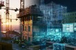 © Generative AI - Construction workers with digital blueprint overlay at building