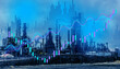 © Durjoy - Industrial factory plant skyline silhouette overlay with glowing neon stock market charts and financial graph trading data indicators for economic concept
