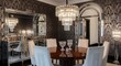 © Djemari - Luxurious dining room with a round wooden table, white upholstered chairs, a grand crystal chandelier, and mirrored furniture against patterned wallpaper.