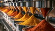 © CRAZY album - Industrial dispensers filling containers with colorful ground spices isolated on transparent background. Concept for food processing manufacturing and culinary commercial.