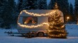 © Bonsales - Camper van illuminated with festive garlands and Christmas tree in winter landscape, creating a cozy holiday atmosphere