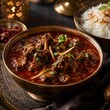 © mifhart - Traditional Indian lamb curry in brass bowl, spicy mutton masala with aromatic basmati rice, authentic slow cooked meat stew with ginger and cilantro