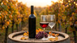 © Frendev - Wine bottle and two stemmed glasses sit on a wooden barrel table in an autumn vineyard, with red wine, grapes, and fallen leaves suggesting seasonal harvest and winemaking tradition.