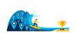 © Andrea - Surfer Riding Wave of Email and Location Icons Toward Success Trophy