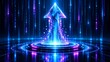 © Melisa Sunorita - Abstract digital arrow rising from a glowing platform with binary code background, representing technology growth and progress