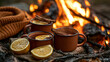 © adifebri - Two big mugs with hot tea and lemon near the campfire place