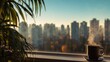 © Prasojo - Steaming coffee in a mug sits on a windowsill with a plant and cityscape beyond, morning light bathes the scene