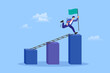 © 365 days studio - Businessman crossing ladder bridge toward top bar chart holding green victory flag, portraying ambitious career ascension, corporate milestone achievement, and successful target conquest.