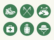 © Guoqin - Hiking and outdoor trekking adventure icon set featuring boots poles mountain flask and hat