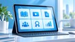 © Amrullah - Digital tablet displaying e-learning platform interface with educational icons for online courses and corporate training programs