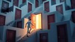 © PAVEL - Man navigating multiple levels of stairs and doors finding one open doorway with light representing career breakthrough, 3d render