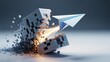© PAVEL - Paper plane breaking free from disintegrating pixel block launching upward, startup, freedom, digital transformation and breakout growth concept, 3d render