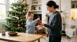 © SashaMagic - Mother and child decorating Christmas tree with ornament in bright, modern living room, promoting holiday joy and family connection.