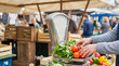 © pufanya - Vendor hands weighing fresh red tomatoes and green lettuce on a silver mechanical balance scale at an outdoor farmers market stall. Local produce trade, healthy organic food shopping background