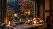 © Adi - Cozy rainy autumn window sill scene featuring orange and green pumpkins, burning candles in jar, steaming cup of coffee, and rain drops on glass looking out at fall foliage.