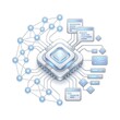 © Design Ghor - Digital computer processor chip surrounded by complex network connections and data interface icons on white background