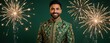 © Maryna - Man smiles in green traditional Diwali outfit, fireworks sparkle around him. He looks festive and confident, celebrating a special occasion with cultural pride.
