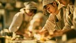 © 一  - Middle school students wearing aprons and chef’s headscarves, cooking earnestly during a cooking class