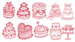 © M.Awais Qarni - Hand drawn vintage wedding cake collection, set of 10 romantic tiered cakes with bows and hearts, red line art dessert illustrations for bridal stationery