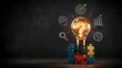 © Add Win - Glowing lightbulb on colorful puzzle pieces surrounded by business strategy icons representing global market research and creative problem solving