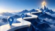 © Add Win - Strategic winding path with navigation pins leading to a glowing golden star on a mountain summit, representing a journey to success and goal achievement.