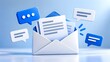 © Picart  - Email marketing and communication concept with 3D open envelope document and blue chat speech bubbles.