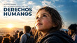 © theshooter - Día Internacional de los Derechos Humanos, 10 de diciembre, niña mirando al horizonte entre una multitud al atardecer, concepto de libertad, igualdad, dignidad, justicia social y futuro